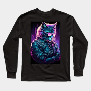 Cool Cat Portrait Cyber Future Style Long Sleeve T-Shirt